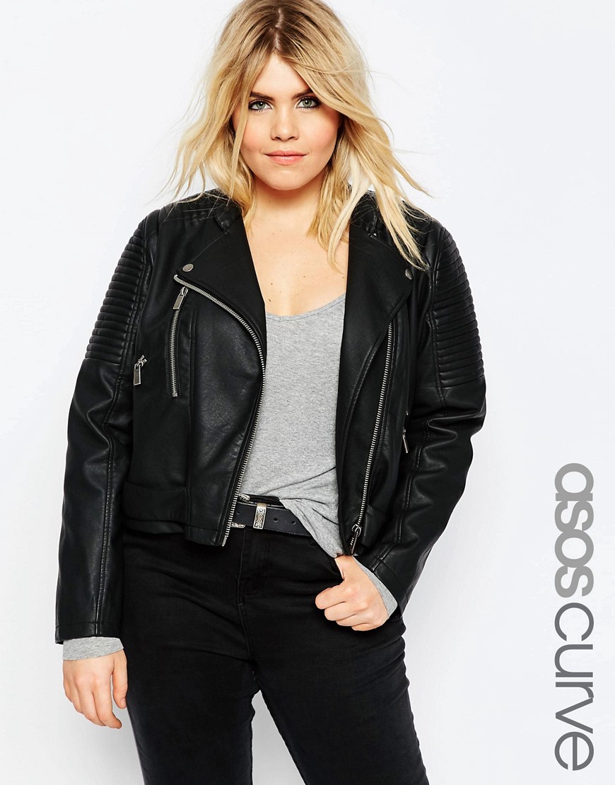 Comprar Chaqueta biker con hombros estructurados y cinturón lateral de efecto cuero de ASOS CURVE al mejor precio