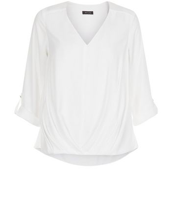 Comprar Cream V Neck Bubble Hem Roll Sleeve Blouse al mejor precio