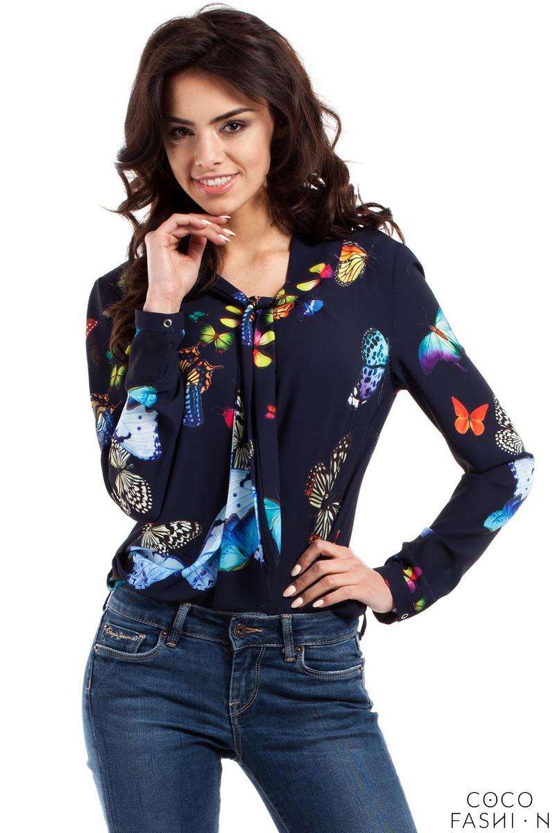Comprar Dark Blue Butterfly Pattern Long Sleeves Blouse al mejor precio