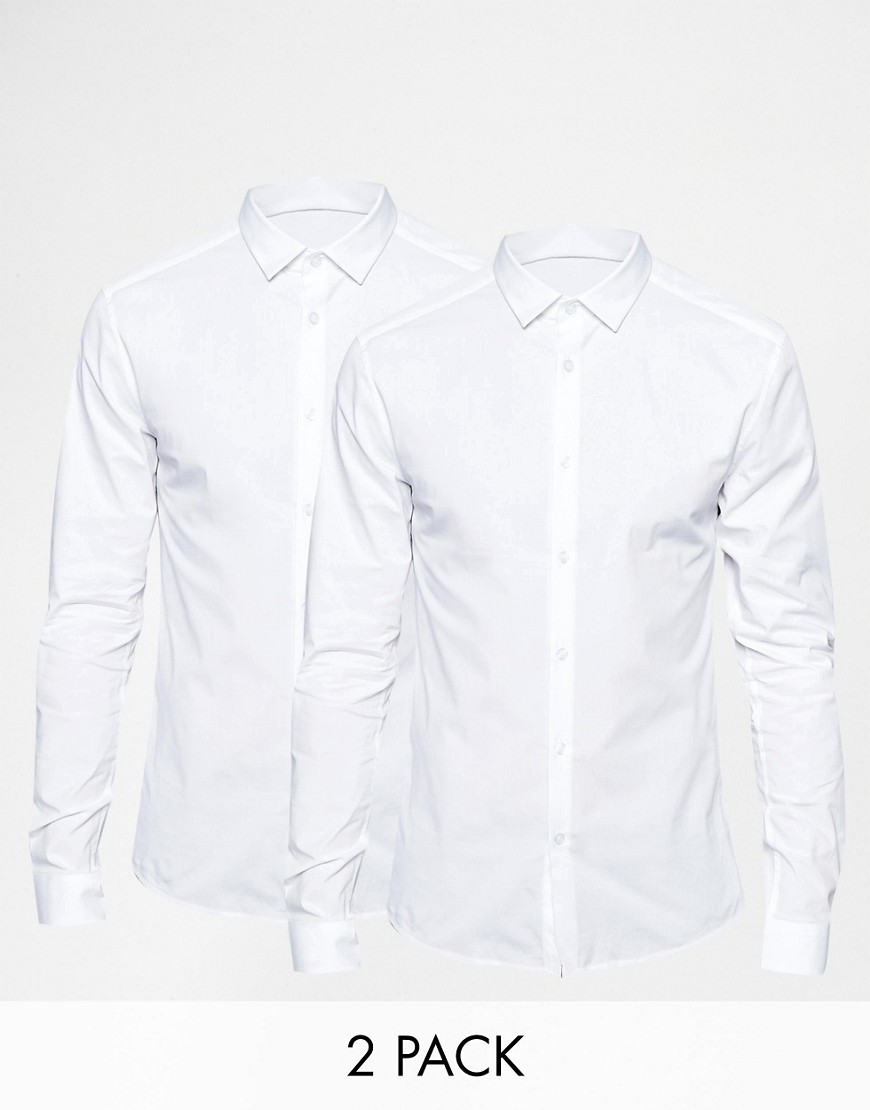 Comprar Pack de 2 camisas entalladas de manga larga en blanco de ASOS, AHORRA UN 15% al mejor precio