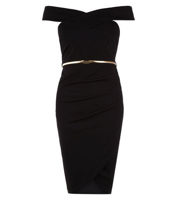 Comprar Black Bardot Neck Belted Wrap Front Bodycon Dress al mejor precio