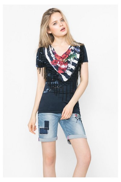 Comprar Desigual - Mujer - Camiseta azul con flecos - Bartolome - Size L al mejor precio