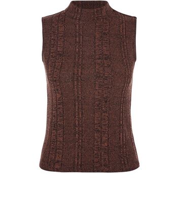 Comprar Dark Brown Fine Knit Ribbed Funnel Neck Sleeveless Top al mejor precio