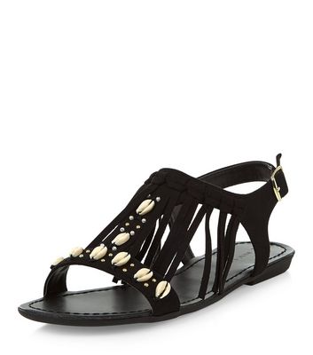 Comprar Black Suedette Shell Fringe Trim Sandals al mejor precio