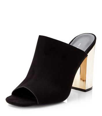 Black Suedette Peep Toe Metal Block Heel Mules