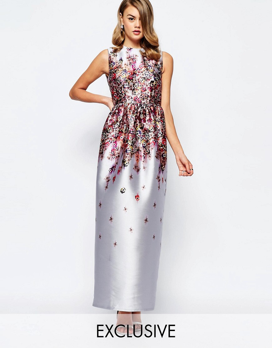 Comprar Vestido largo estructurado en tejido de primera calidad con estampado floral de efecto sombreado de True Violet al mejor precio