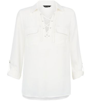 Comprar White Lace Up Double Pocket Roll Sleeve Shirt al mejor precio