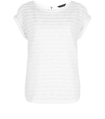 Comprar White Fine Knit Stripe Zip Back Roll Sleeve T-Shirt al mejor precio