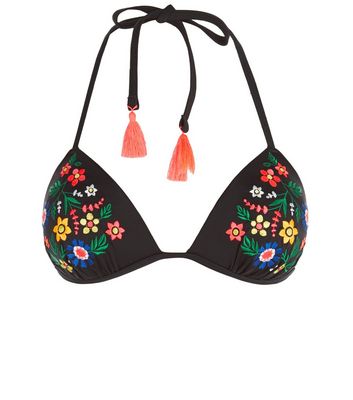 Comprar Black Floral Embroidered Bikini Top al mejor precio