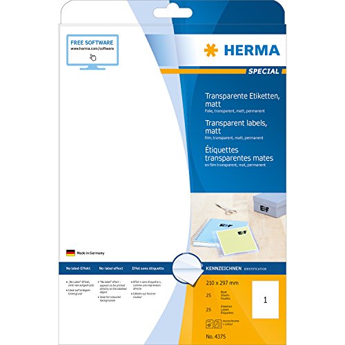 Comparar mejores precios Herma 4375 - Pack de 25 etiquetas, 210 x 297 mm, transparente con descuentos Comprar Herma 4375 - Pack de 25 etiquetas, 210 x 297 mm, transparente al mejor precio