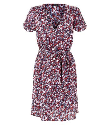 Comprar Blue Floral Print Tie Waist Wrap Front Dress al mejor precio