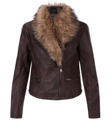 Comprar Brown Leather-Look Faux Fur Collar Biker Jacket al mejor precio