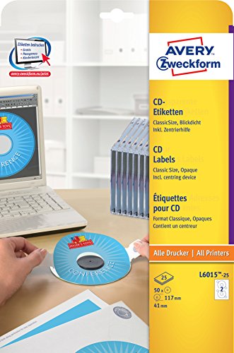 Comparar mejores precios Avery Zweckform L6015-25 - Paquete de 25 etiquetas para CD y DVD, color blanco con descuentos Comprar Avery Zweckform L6015-25 - Paquete de 25 etiquetas para CD y DVD, color blanco al mejor precio