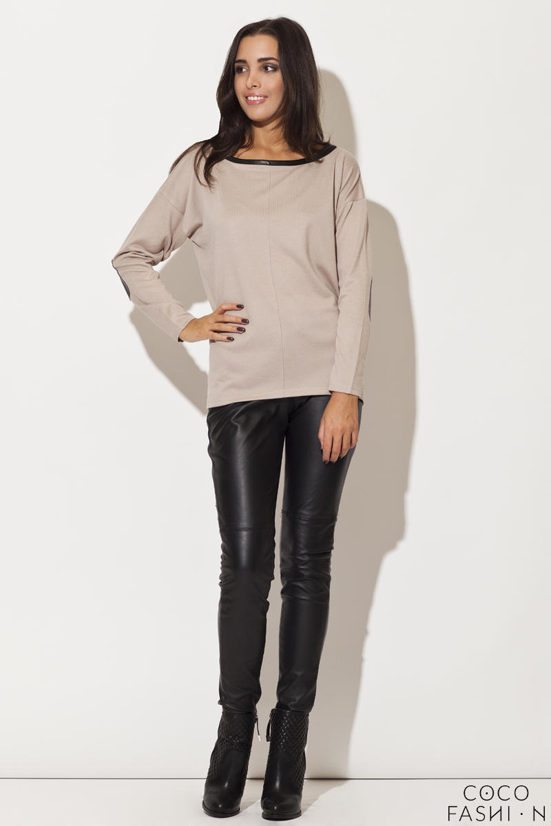 Comprar Drop Shoulder Elbow Patch Bateau Neck Beige Sweater al mejor precio