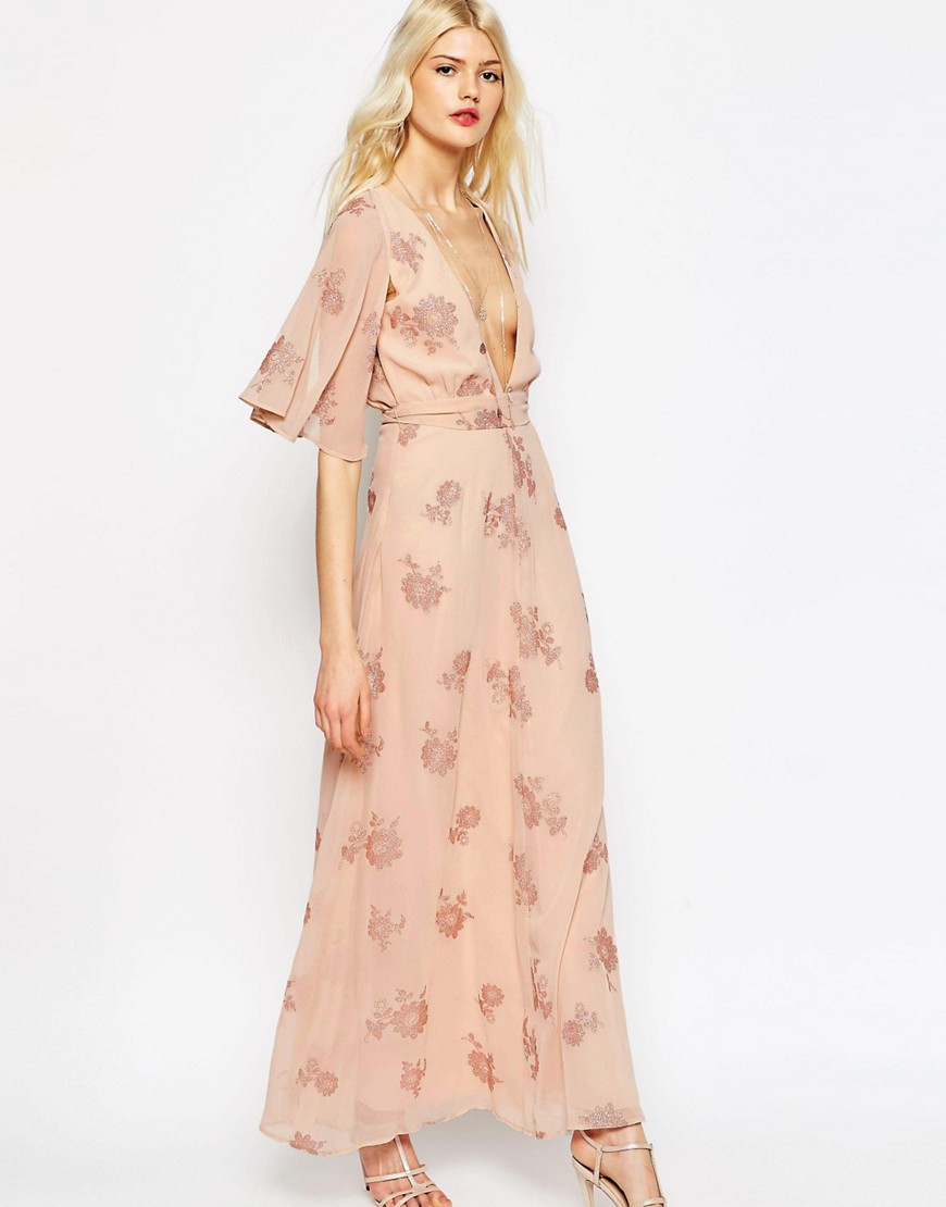 Comprar Vestido largo de manga acampanada con bonitos detalles florales de ASOS al mejor precio