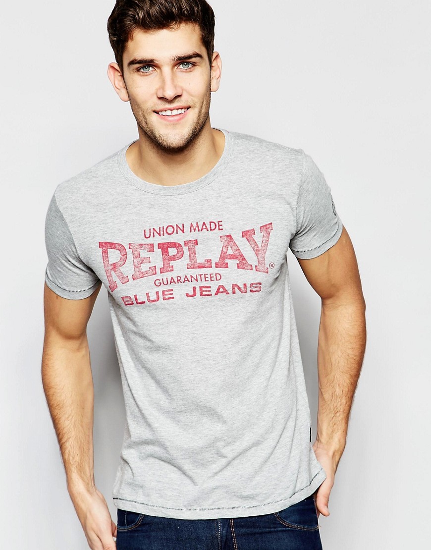 Comprar Camiseta gris melange con cuello redondo y logo estampado de Replay al mejor precio