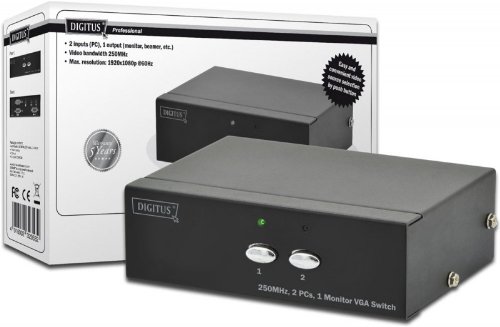 Comprar DIGITUS VGA Switch - Periférico de entrada (2 puertos, 250MHz, 1 Monitor, 2 PC, 3 VGA, HDSUB15 hembra máx. 1920 x 1080 píxeles en 60 Hz, incluye fuente de alimentación) al mejor precio