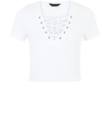 Comprar White Lace Up Ribbed Crop Top al mejor precio