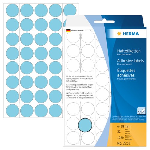 Comprar Herma 2253 - Etiquetas multiuso, diámetro 19 mm, redondo, papel mate, papel de soporte perforado, 1280 unidades, color azul al mejor precio