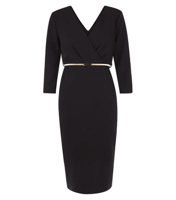 Comprar Black Wrap Front Belted 3/4 Sleeve Bodycon Dress al mejor precio