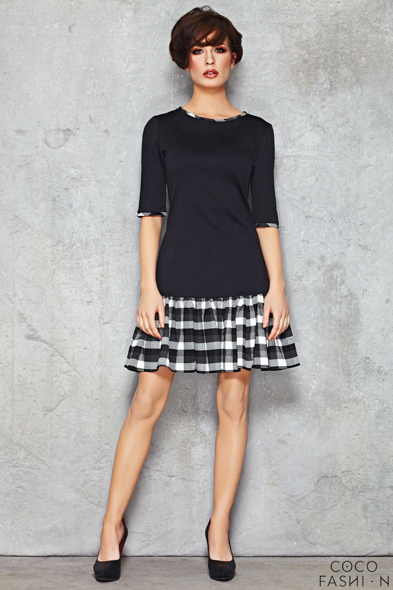 Comprar Navy Blue Drop Waist Dress with Checkered Black White Panel al mejor precio
