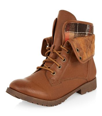Comprar Tan Tartan Print Quilted Cuff Lace Up Ankle Boots al mejor precio
