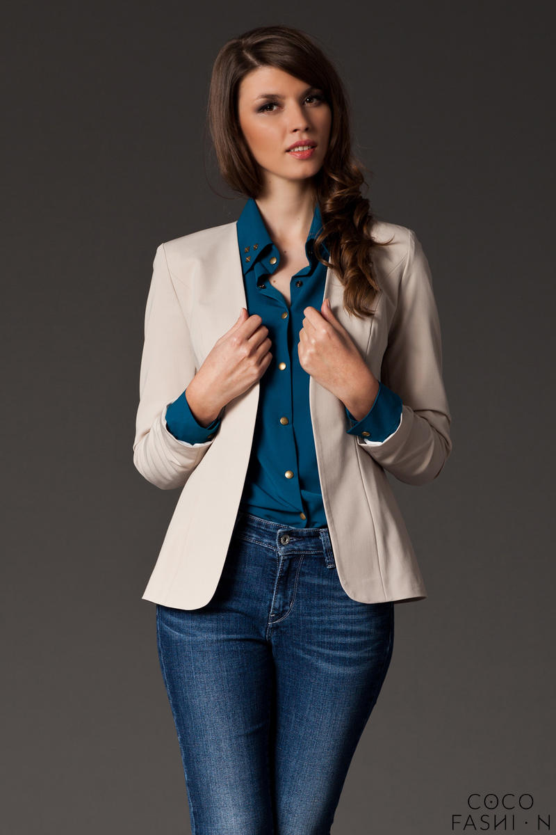 Comprar Puffed Shoulder Collarless Seam Beige Blazer al mejor precio