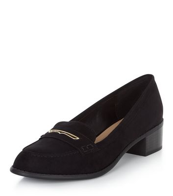 Black Metal Trim Block Heel Loafers
