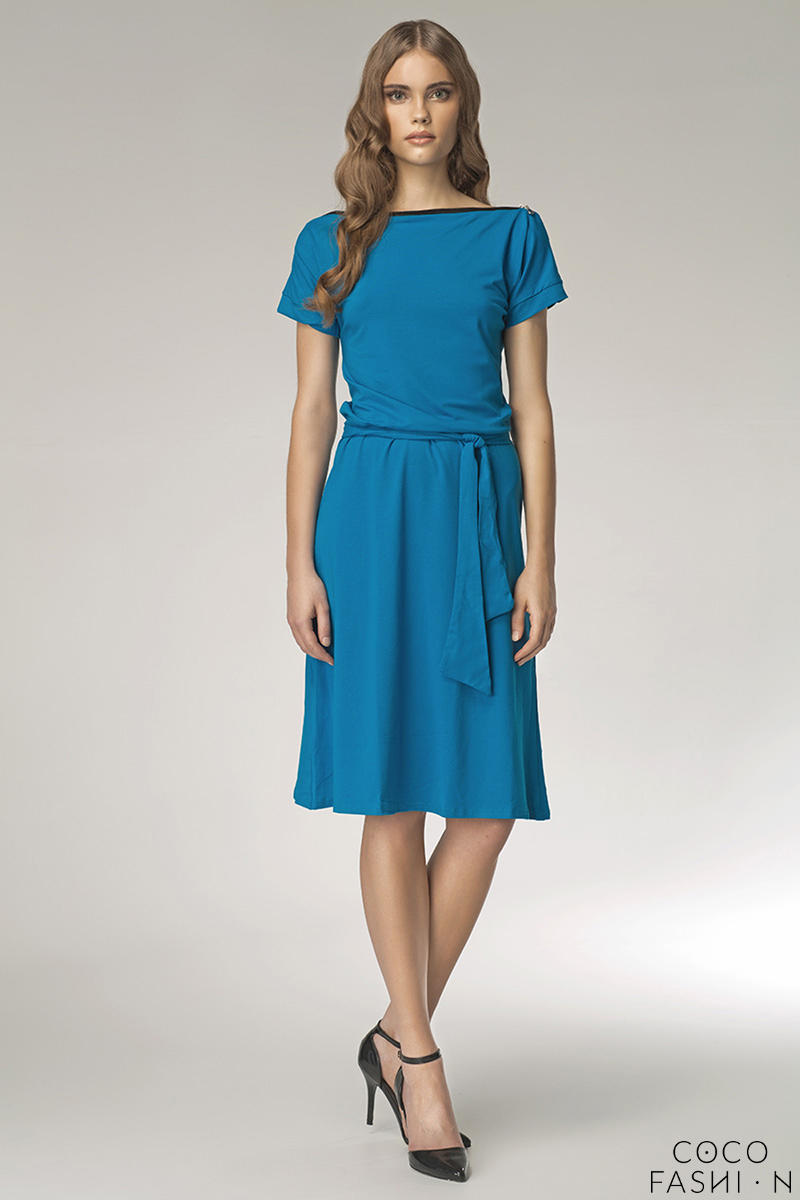 Comprar Blue Bateau Neck Self Belted Shift Dress al mejor precio