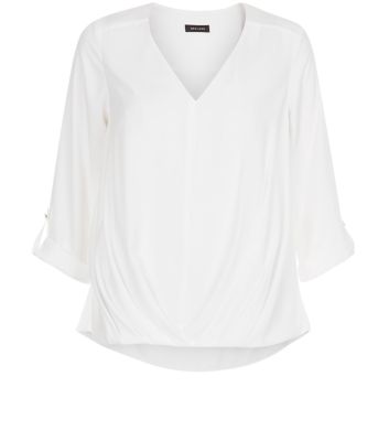 Comprar Cream V Neck Bubble Hem Roll Sleeve Blouse al mejor precio