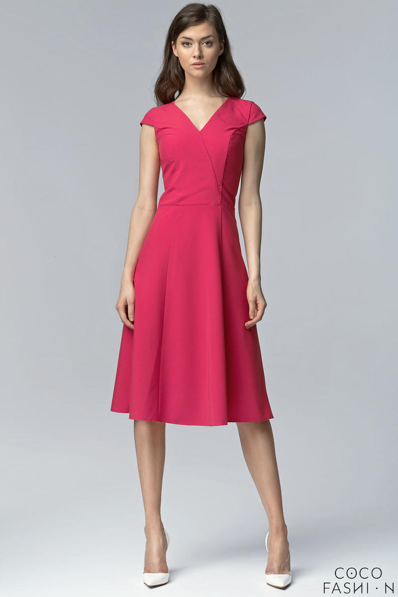 Comprar Fuchsia V Neck Cross Bodice Seam Dress with Cap Sleeves al mejor precio