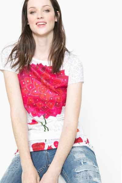 Comprar Desigual - Mujer - Camiseta blanca con flores - Jude - Size L al mejor precio