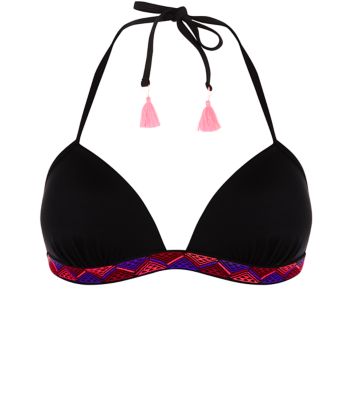 Comprar Black Abstract Print Trim Tassel Bikini Top al mejor precio