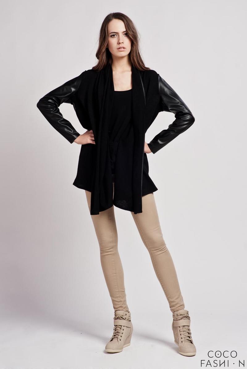 Comprar Black Stylish Zipper Closure Cardigan with Leather Sleeves al mejor precio
