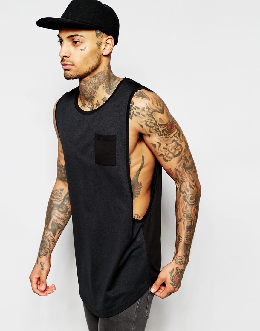 Comprar Camiseta sin mangas con sisas caídas extremas, panel de malla y bolsillo en contraste de ASOS al mejor precio