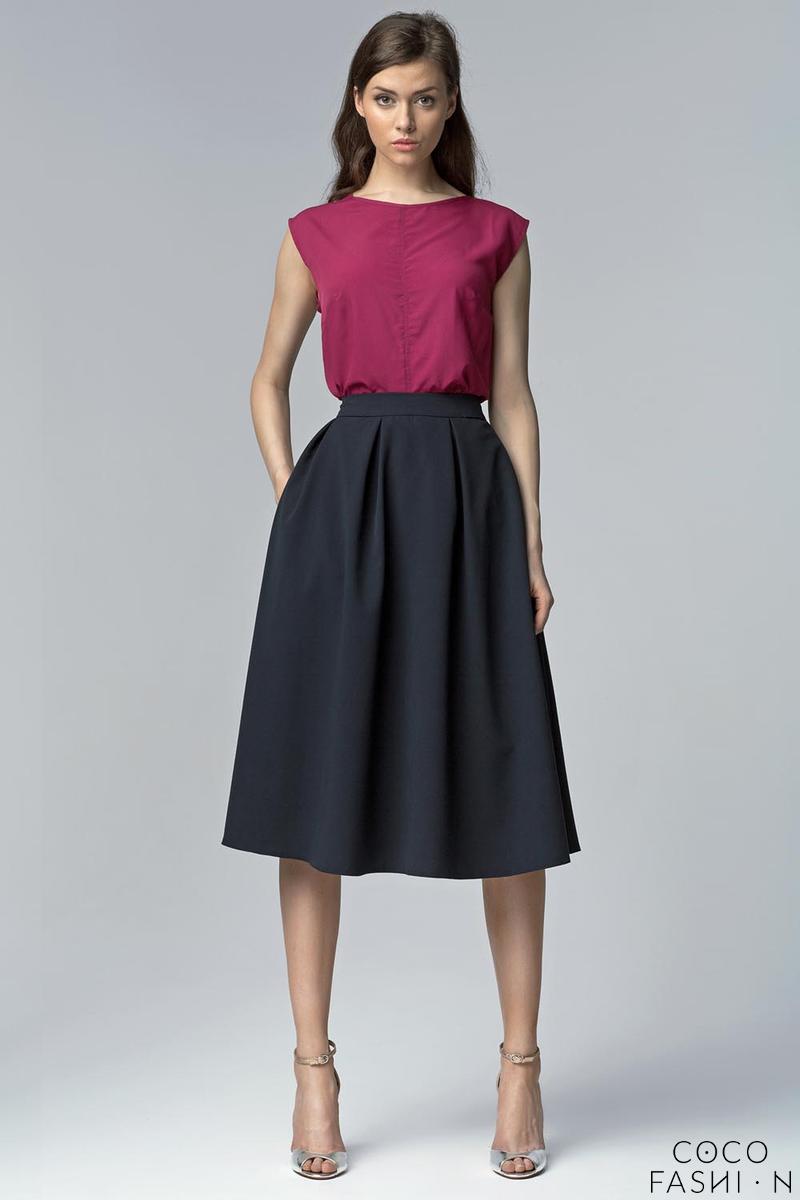 Comprar Dark Blue Retro Style Flared Light Pleats Midi Skirt with Pockets al mejor precio