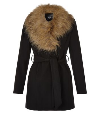 Comprar Teens Black Faux Fur Collar Tie Front Jacket al mejor precio
