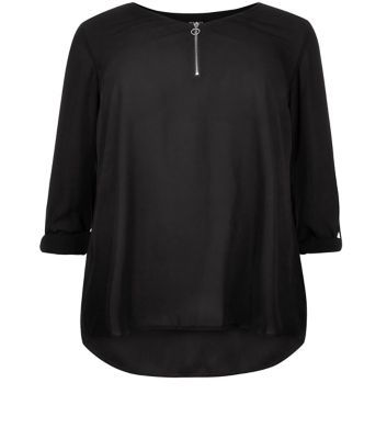 Comprar Plus Size Black Zip Front Roll Sleeve Top al mejor precio