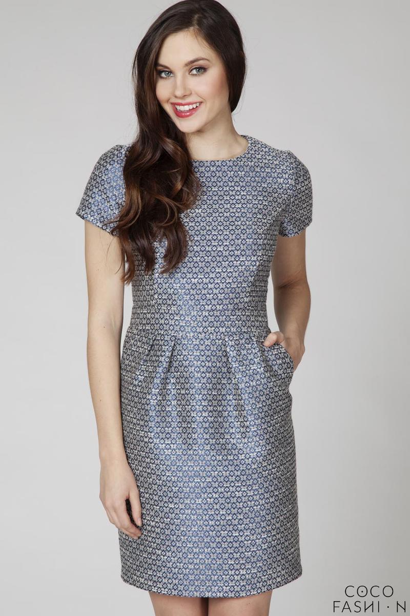 Comprar Blue Jaquard Short Sleeves Coctail Dress al mejor precio