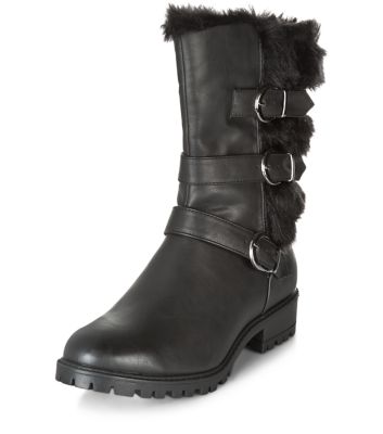 Comprar Black Faux Fur Multi Strap Biker Boots al mejor precio